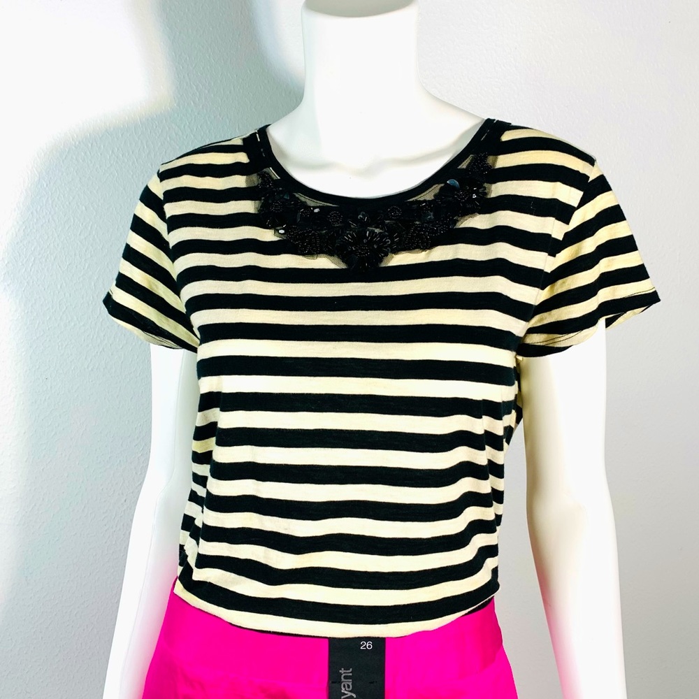 COPY - Ann Taylor Loft striped short sleeve shirt w/ beaded bib floral appliqué…